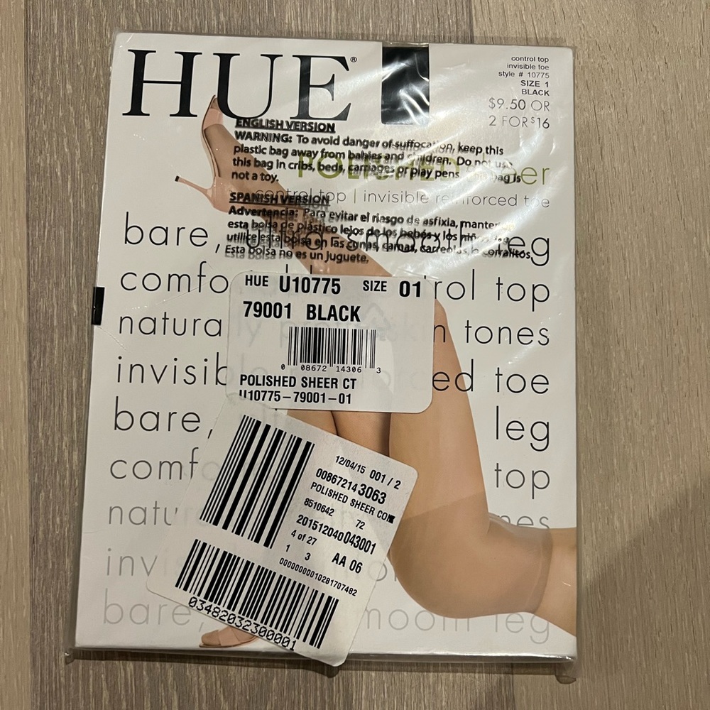 Hue Polished Sheer Control Top/Invisible Reinforced Toe Black Pantyhose